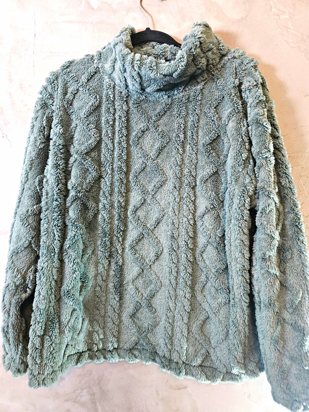 Eddie Bauer Womens Cable-Knit Fleece Cowl Neck Pullover Sweater Green L